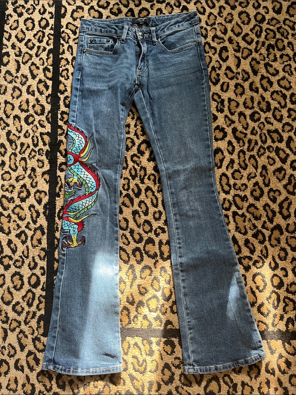 Ed Hardy Blue Denim Flare Jeans with Red Logo & Embroidered Dragon - Picture 2 of 11